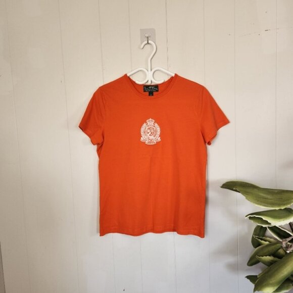Vintage Ralph Lauren Orange Crest Logo Crew Preppy T-Shirt Top Y2K Sporty Cool - Picture 7 of 7